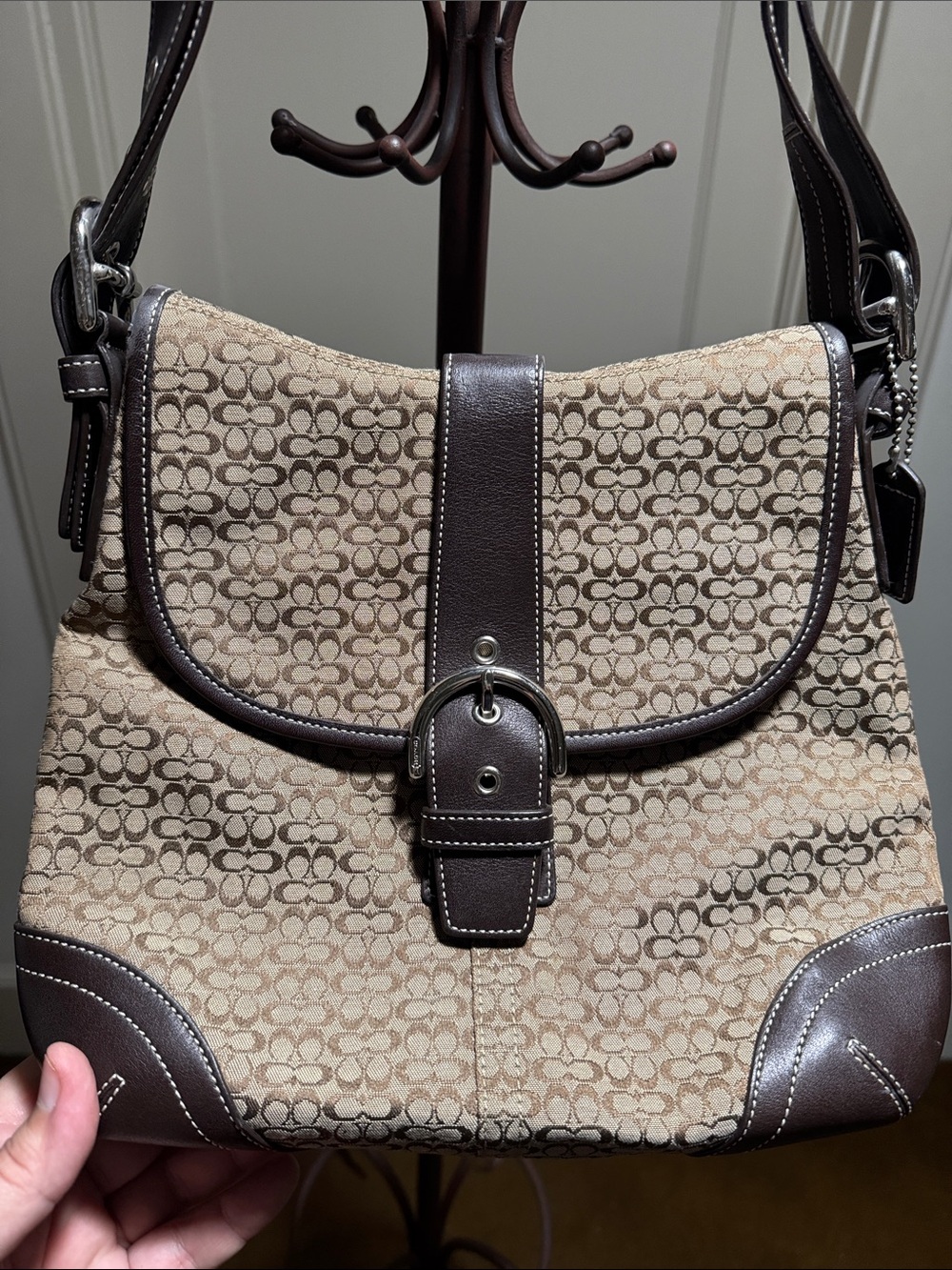 Coach Beige and Dark Brown Signature Canvas Shoulder Bag